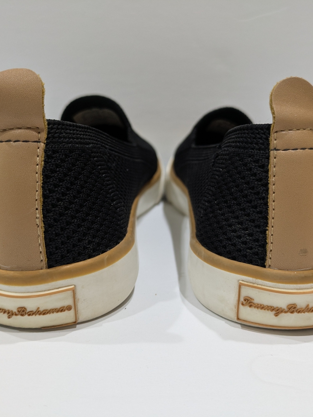 Tommy Bahama Black Slip-On Knit Sneakers with Tan Trim - Picture 2 of 4